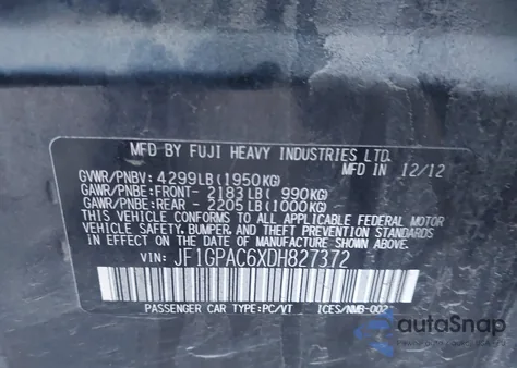 2013 Subaru Impreza 2.0I Premium z USA, uszkodzony, nr VIN JF1GPAC6XDH827372